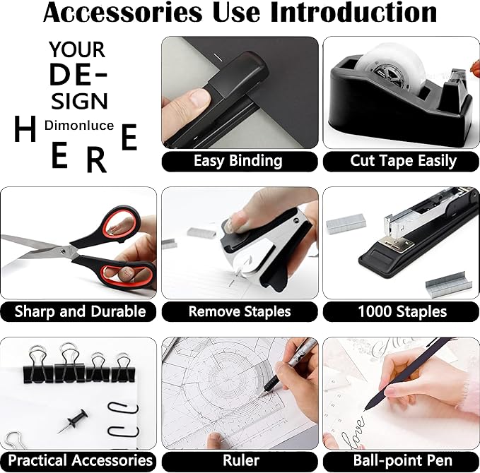 Office Desk Accessories, Black Office Supplies Accessories with Tape Dispenser, Stapler, Staple Remover, 1000 Staples, Tape, Clips Set, Ruler, Scissor, Pen