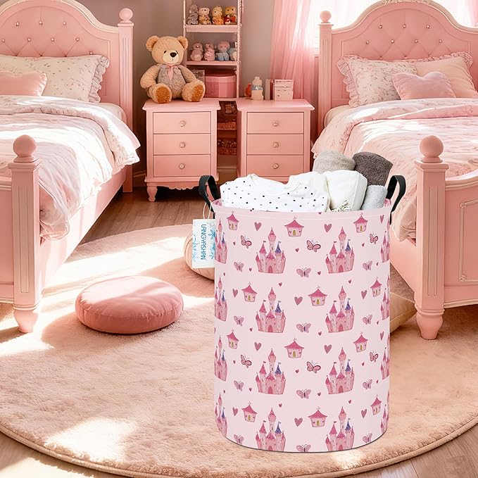 LANGYASHAN Laundry Basket Canvas Fabric Collapsible Organizer Basket for Storage Bin Toy Bins Gift Baskets Bedroom Clothes Children Nursery Hamper (Pink Castle)