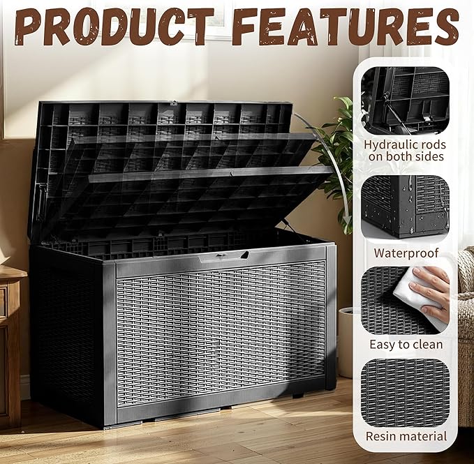 Vixzen 120 Gallon Waterproof Large Deck Box, Lockable Resin Outdoor Storage Box with Hydraulic Lid, Durable Storage Bin for Patio Furniture Cushions, Garden Tools, Pool Accessories, Black