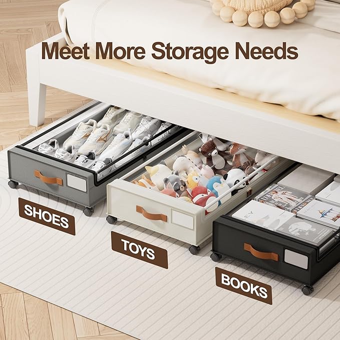 LAMU Under Bed Storage with Wheels, 2 Pack Under Bed Storage Containers with Clear Lid, XXL 60L Underbed Storage Bins, Rolling Under Bed Metal Drawers for Clothes, Blankets, Shoes, Black