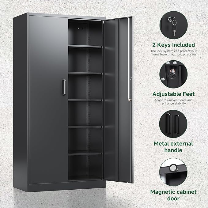 Letaya Metal Garage Storage Cabinets with Lock-72 Tall Tool Organizer Steel Lockers, 5 Adjustable Layers Shelves for Home,Office,Warehouse,Garage,(Black-72“) | with Lock, 72 Tall, Tool Organizer
