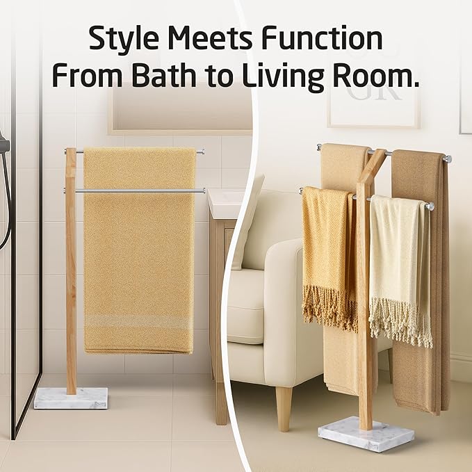 KES Width Adjustable Free Standing Towel Rack with 3X Thicker Weighted Natural Marble Base, 2-Tier Wooden Towel Rack Stand for Bathroom Floor, 18/8 Stainless Steel, Brushed Finish, BTH800-2