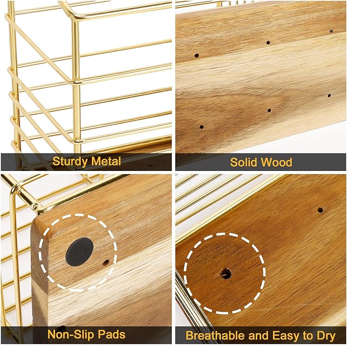 Utensil Holder for Kitchen Counter, Metal Utensil Holder Rack for Kitchen Countertop, Cooking Tools Storage for Spatula, Utensil Organizer with Wooden Base, and Drainage Hole (Gold Wooden)