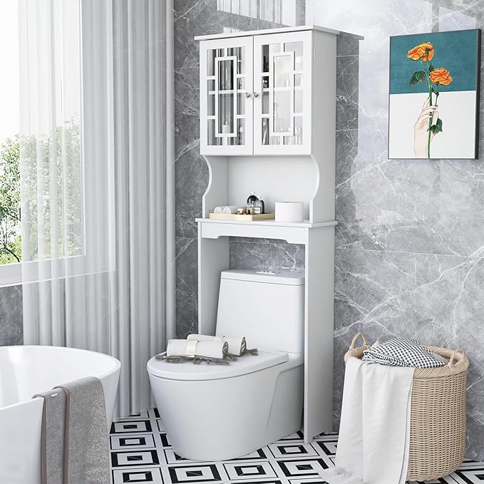 Giantex Over The Toilet Storage Cabinet, Above Toilet Bathroom Organizer with Tempered Glass Doors & Adjustable Shelf, Freestanding Space Saver Rack for Restroom, Laundry