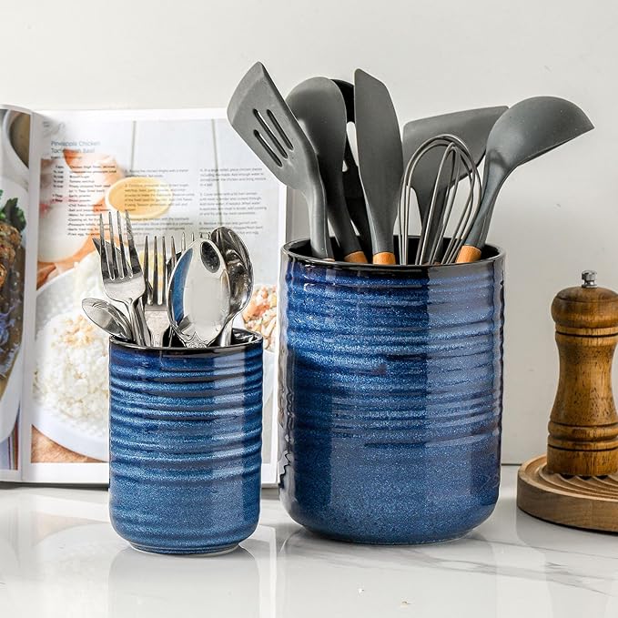 HASENSE Ceramic Utensil Holder, 7.4"+5.5" Kitchen Utensil Holder Crocks for Countertop, Modern Kitchen Tool Organizer for Spatulas, Whisks, and Tongs, Farmhouse Home Decor, Set of 2, Blue