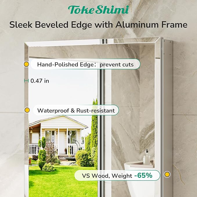 TokeShimi 12 x 36 Medicine Cabinet with Tempered Beveled Mirror, Assembly Required, Silver Medicine Cabinet for Bathroom, Stepless Adjustable Shelves, DTC Hinge, Recessed/Surface-Mounted
