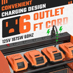 Power Tool Organizer with Charging Station, Heavy Duty 4 Layer Drill Holder Wall Mount Garage Shelf Rack with 6 Outlet Power Strip, Tool Shelf with Hooks, Drill Bit Rack for Garage, Orange