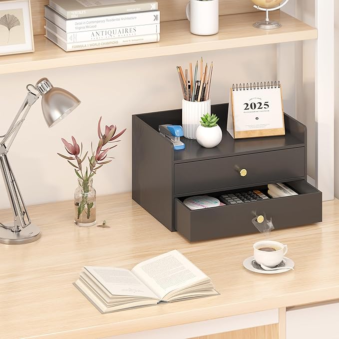 Bamboo Desk Organizer with Drawers Wooden Desktop Storage Drawers for Bills Office Supplies Kitchen Utensils Organizing Tool for Home Classroom Organization No Assembly (Black, 2 Drawers)