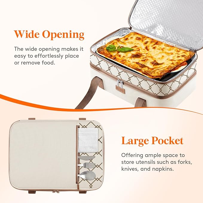 Lifewit Insulated Double Decker Casserole Carrier, Lasagna Lugger Holder for Hot or Cold Food, Fits 9" x 13" Baking Dish, Thermal Lunch Tote Bag for Potluck Parties, Picnic and Cookouts, Cream