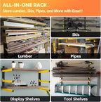 Wood Organizer Lumber Storage Rack Wall Mount - Heavy Duty Metal Cantilever Shelves With 3-Level Holds Up 600 Lbs,Indoor & Outdoor Wood Storage Racks For Garage Woodshops Workshops - 4 Pack,Yellow