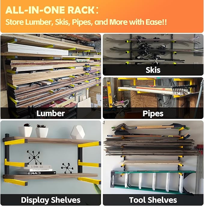 Wood Organizer Lumber Storage Rack Wall Mount - Heavy Duty Metal Cantilever Shelves With 3-Level Holds Up 600 Lbs,Indoor & Outdoor Wood Storage Racks For Garage Woodshops Workshops - 4 Pack,Yellow