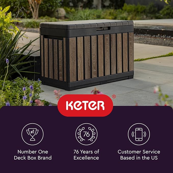 Keter Signature Everwood 50 Gallon Resin Deck Box-Organization and Storage for Patio Cushions, Throw Pillows and Garden Tools, Walnut