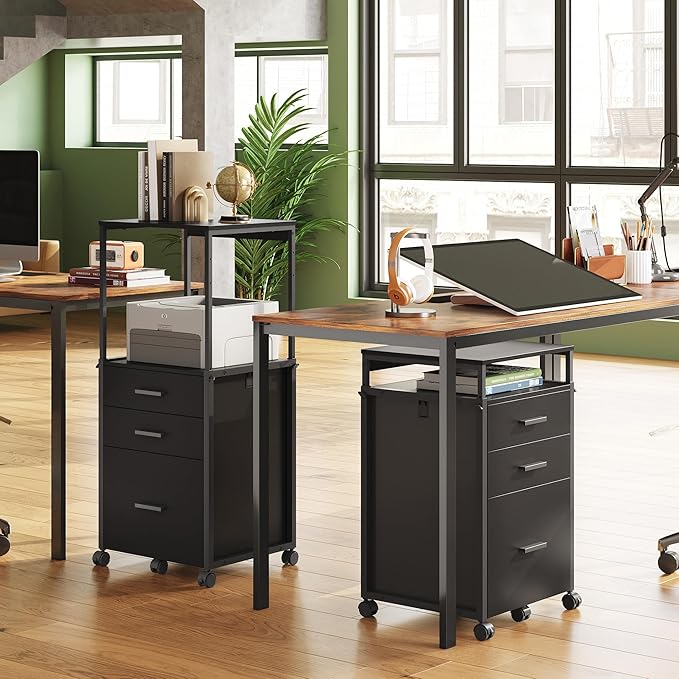 DEVAISE 3 Drawer File Cabinet with Adjustable Shelves, Rolling Wooden Filing Cabinet Mobile Printer Stand for Home Office, Black, 15.7" D x 17.7" W x 40.3" H