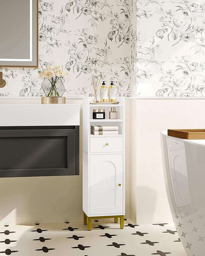 Bathroom Storage Cabinet, Corner Floor Cabinet with Drawers and Doors, Narrow Toilet Paper Holder, Bathroom Organizer with Adjustable Shelf, for Small Spaces, White BC29813GV1