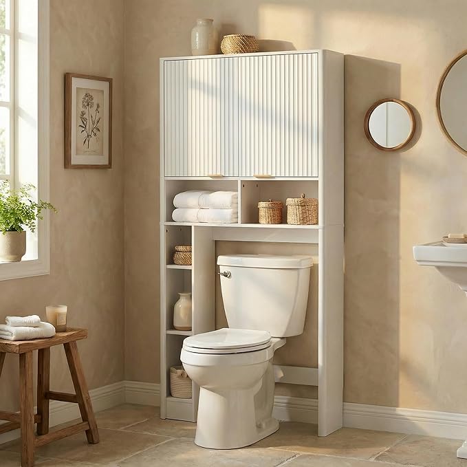 31" W Over The Toilet Storage Cabinet with Fluted Door, White Bathroom Organizer with Adjustable Shelf, 67''H Tall Toilet Paper Holder Stand Wave Door for Restroom, Laundry Room