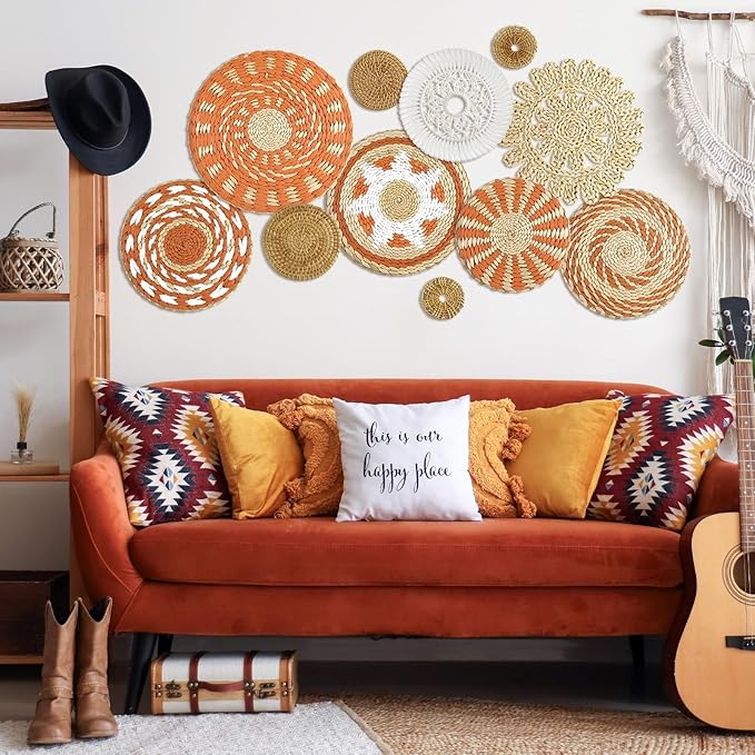 Tatuo 11 Pcs Boho Wall Basket Decor Decorative Bulrush Woven Basket Wall Decor Art Round Farmhouse Hanging Baskets for Kitchen Rustic Home Summer Decorations, Multi Sizes(Delicate)