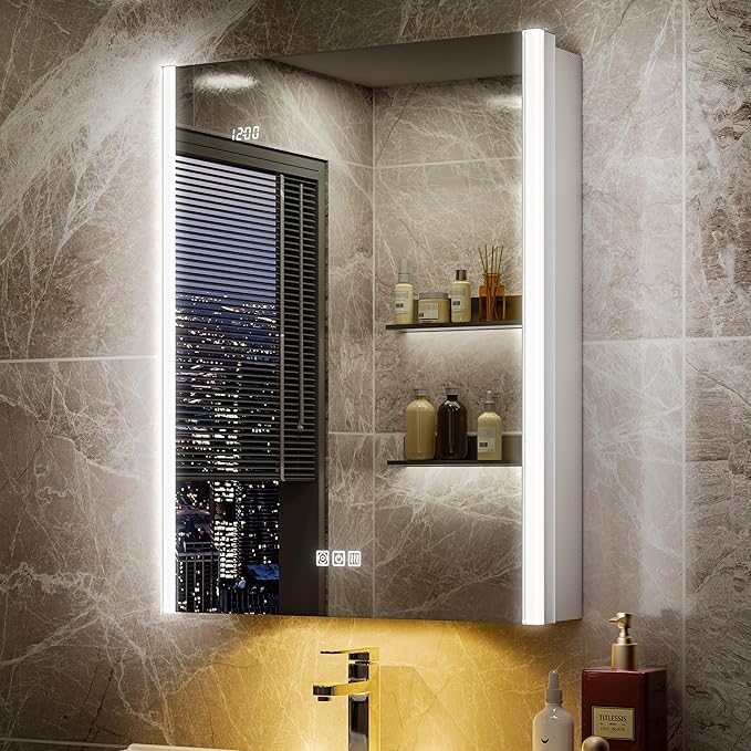 Lighted Medicine Cabinet Mirror with Lights & Smart Night Lamp -20x26 Surface or Recessed Medicine Cabinet Mirror with Outlet & Clock,Fogless Dimmable LED Storage Mirror,Built-in Sensor Light