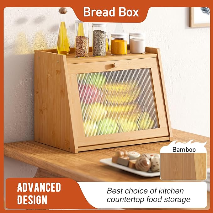 GHWIE Large Bread Box, Easy Access & Cleaning - Bamboo Bread Box for Kitchen Countertop with Acrylic Door (Natural, Large)