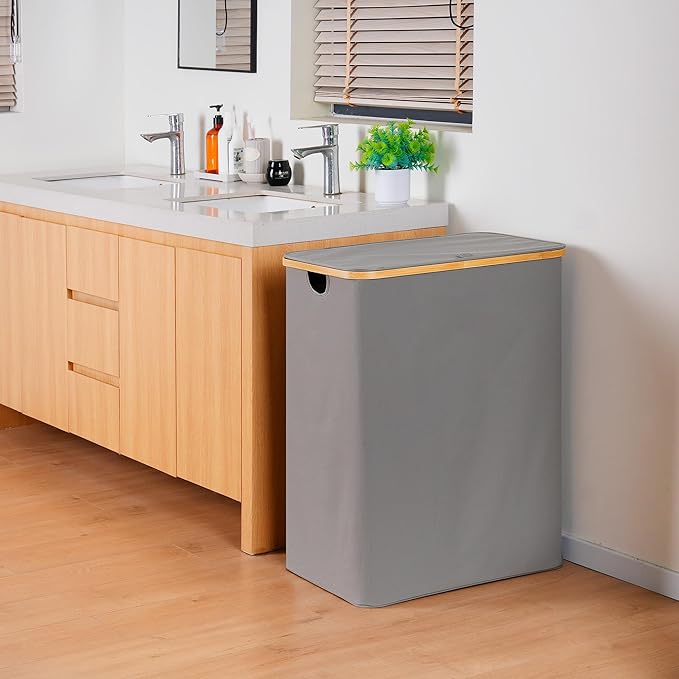 efluky Laundry Hamper with Lid, Trio Laundry Hamper with 3 Removable Bags, 3 Section Laundry Basket with Bamboo Handles for Bathroom, Bedroom & Laundry Room, 160L Silver Grey
