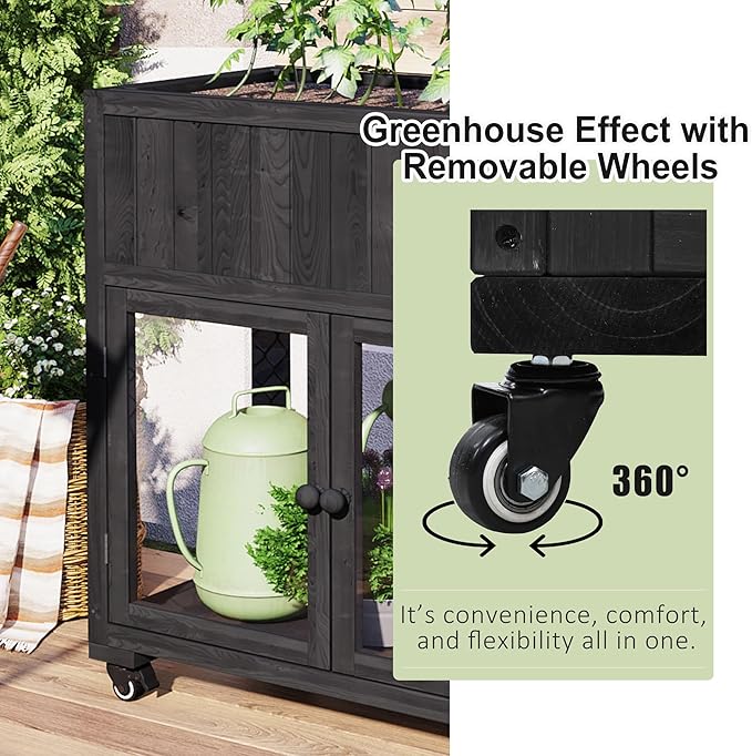 Patio 35.4"x17.7"x37.4" Mini Wood Cold Frame, Compact 2 Doors Garden Greenhouse with Wheels, Raised Bed with Liner for Indoor Outdoor Use, Black