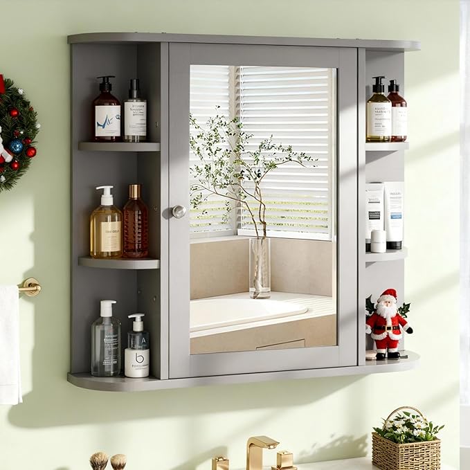 Bathroom Medicine Cabinet with Mirror, Wall Mounted Home Storage with Door, Over The Toilet Space Saver Storage Cabinet, Bathroom Cabinet Wall Mounted, Grey