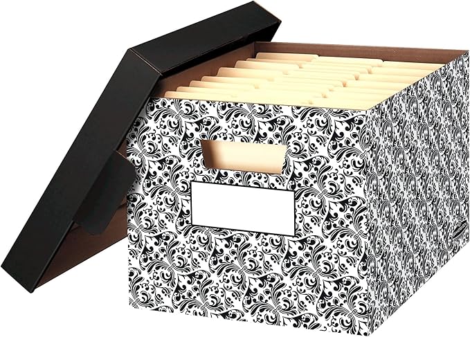 Bankers Box 4-Pack Brocade Design, Medium Duty File Storage Boxes with Lids, FastFold Assembly, Letter/Legal, STOR/FILE, (0022705)