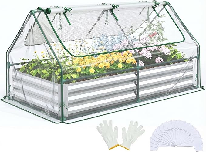 Quictent Raised Garden Bed with Cover Outdoor Galvanized Metal Planter Box Kit, w/ 2 Large Screen Windows Mini Greenhouse 20pcs T Tags 1 Pair of Gloves Included for Growing Vegetables 6x3x1ft (Clear)