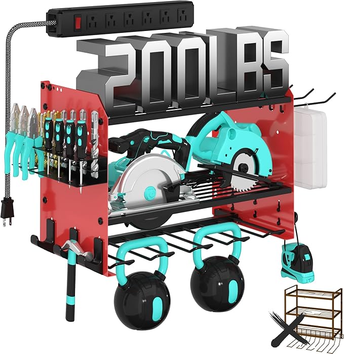 3 Layer Heavy Duty Power Tool Organizer Wall Mount with Charging Station, Adjustable Metal Storage Rack, 6 Outlets Power Strip, Drill Holders, Hooks & Drill Bit Rack for Garage, Workshop, Red