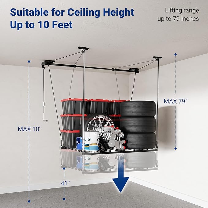 FLEXIMOUNTS Garage Lifting Metal Rack, 4x4 Ft Overhead Garage Storage Racks, Adjustable Heavy-Duty Ceiling Organization System, 350lbs Weight, Satin Black