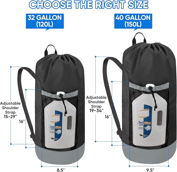 BALEINE 2PK 150L Laundry Bag Backpack, 900D Oxford Fabric Large Travel Laundry Bags with Shoulder Straps and 2 Mesh Pockets for College Dorm, Apartment, Laundromat (Black, 150L)