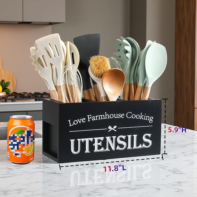 Utensil Holder, Kitchen Utensil Holder For Kitchen Counter,Large Cooking Spatula Organizer,Farmhouse Wooden Big Storage With 3 Compartments Rustic Flatware Spoon Tool Organizer （Black）