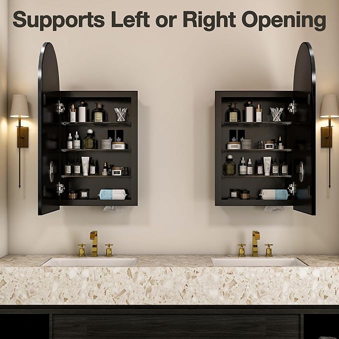 Arched Medicine Cabinet Mirror No Assembly Needed Bathroom Mirror with Storage Recessed or Surface Mount Options (Black, 29.5" L x 15.8" W)