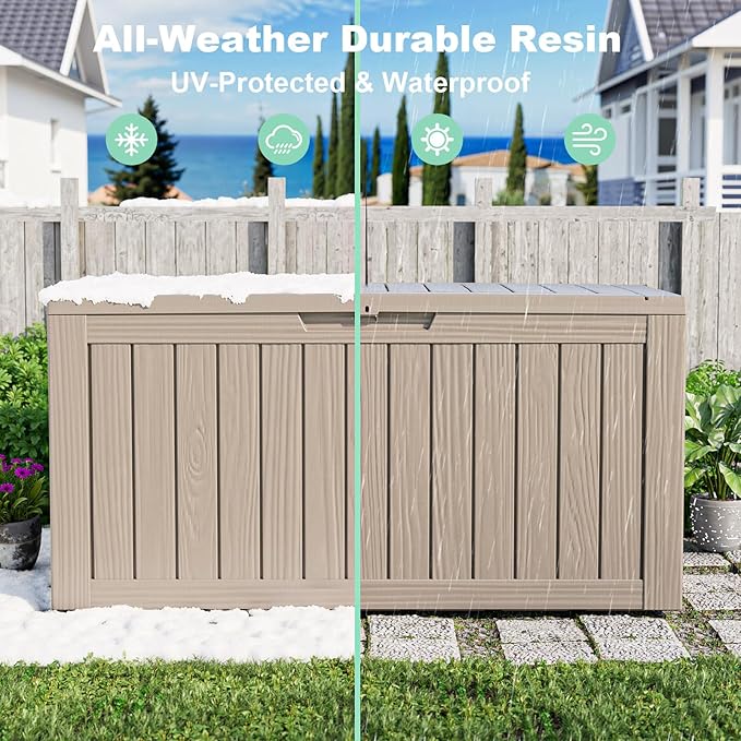 90 Gallon Outdoor Waterproof Resin Storage Deck Box Lockable Outside Bench UV Resistant Bin Patio Porch Furniture Pool Float Garden Tool Cushion Grey