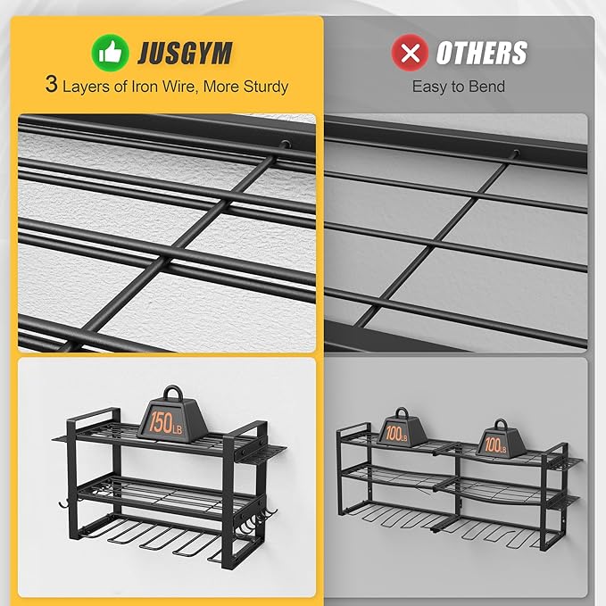 Power Tool Organizer Wall Mount, 3-Tier Tool Storage Rack with 4 Drill Holders, 150LBS Load Heavy Duty Cordless Tool Shelf for Garage Organization, Gift for Men
