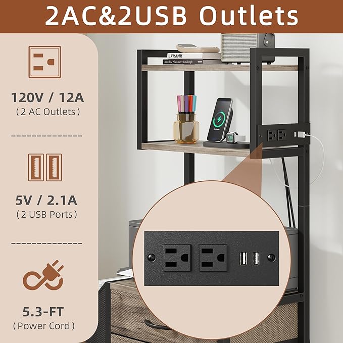 Small 3 Drawer File Cabinet with Charging Station, 45''H, 3-Tier Filing Cabinet for Home Office, 11''*16'' for Small Printer, Fabric Drawer Fits Letter/A4, Tall Printer Stand, Grey