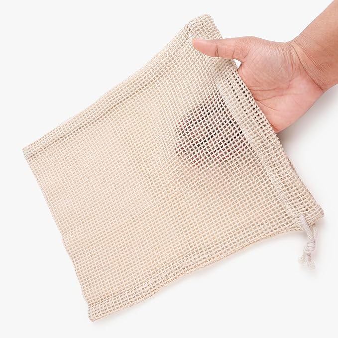 Premium Organic Reusable Mesh Produce Bags, Pack of 6(2L+2M+2S) Washable, Durable, Double Stitched Produce Bags for Vegetables storage, Machine Washable - Beige