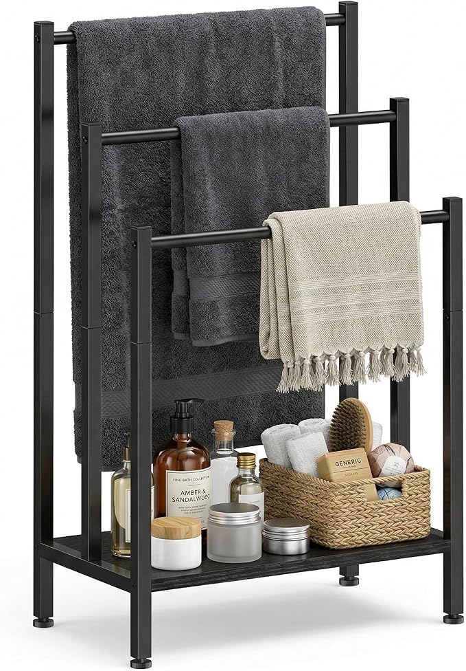 Freestanding Towel Rack, 3 Tier Metal Standing Towel Rack with Wooden Shelf, Blanket Holder and Bath Towel Drying Rack for Bathroom, Black