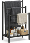 Freestanding Towel Rack, 3 Tier Metal Standing Towel Rack with Wooden Shelf, Blanket Holder and Bath Towel Drying Rack for Bathroom, Black