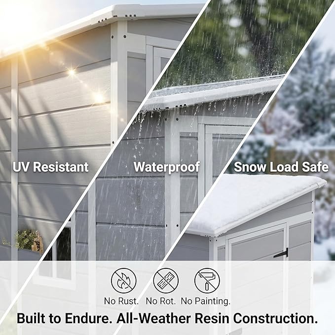 Devoko 5x4 FT Plastic Storage Shed with Floor, Waterproof Resin Outdoor Tool Shed with Lockable Door, Outside Garden Shed for Backyard Patio Lawn, Light Grey