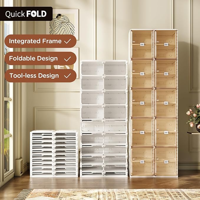 ANTBOX Shoe Organizer Storage Box, Portable Folding Shoe Rack For Closet With Magnetic Clear Door,Large Sneaker Cabinet Bins Sturdy Easy Assembly 10 Layers-20 Grids
