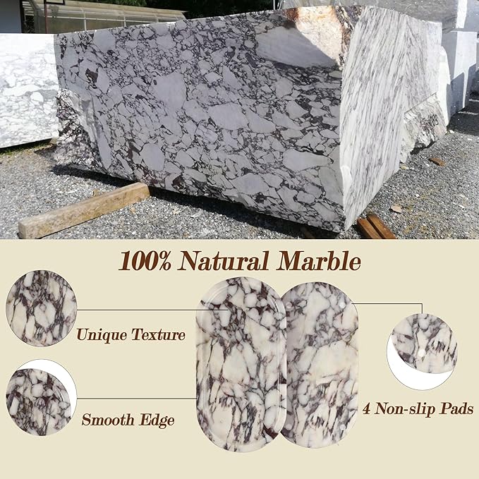 Real Natural Marble Tray for Bathroom, Luxury Calacatta Viola Stone Vanity Tray, Decorative Oval Trays for Countertop Storage Organizer, Dresser, Kitchen, Home Decor, 11.8" x 6", Purple