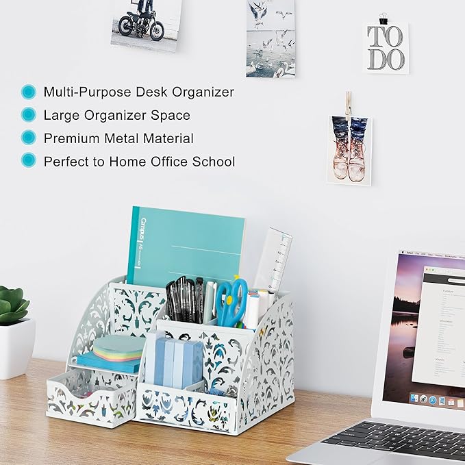 EasyPAG Desk Organizer and Pen Holder for Desk, Mesh Office Supplies Storage Caddy with Drawer for Small Space, Desktop Organizer for Home Office, White