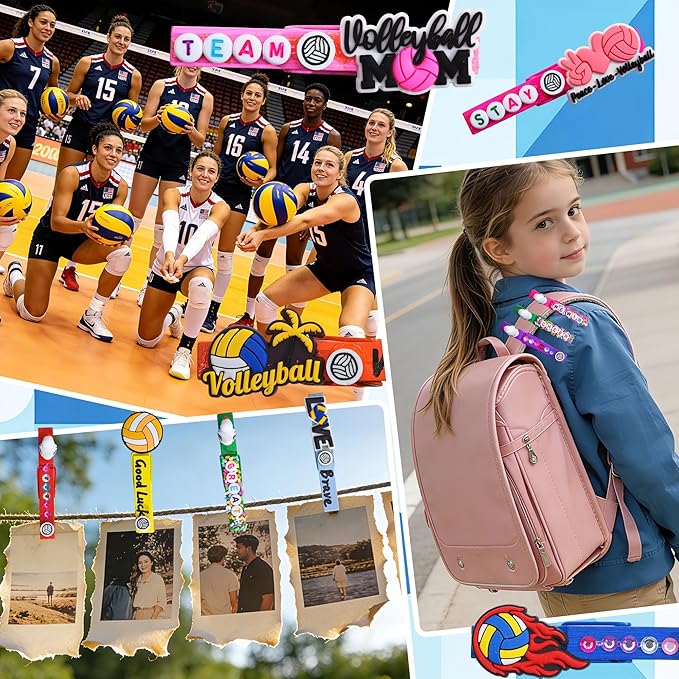 80 Set Cheer Pins Volleyball Spirit Clips, Include 80 Wooden Cheer Colored Clothes Pins 300 Letter Beads 120 Mini Volleyball Decor for Team Gifts for Cheerleading Backpacks Cheer Gifts Bulk