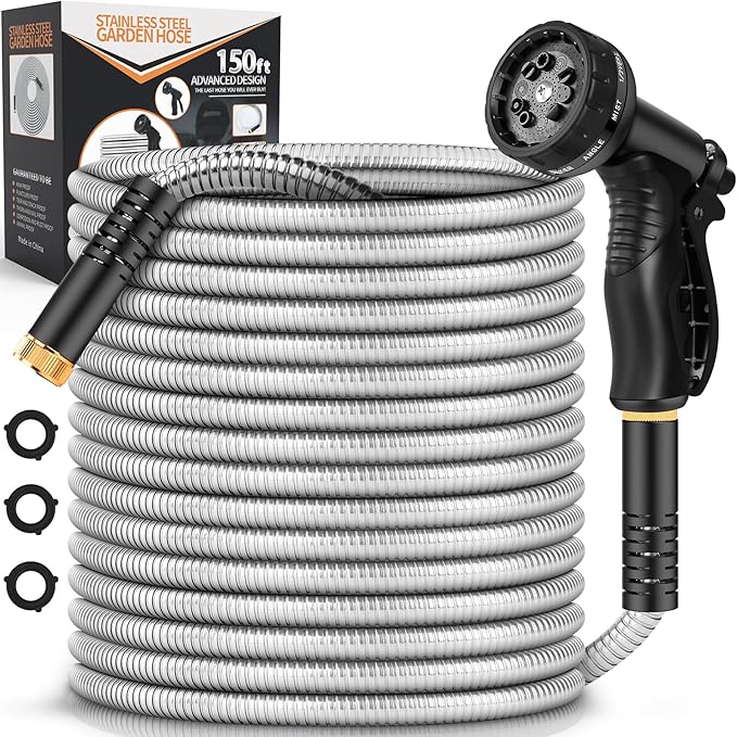 Garden Hose Metal 150FT, Stainless Steel Heavy Duty Water Hose With 10 Function Nozzle, No-Kink, Tough & Flexible, Sturdy and Lightweight, Rust Proof for Yard, Outdoor, RV