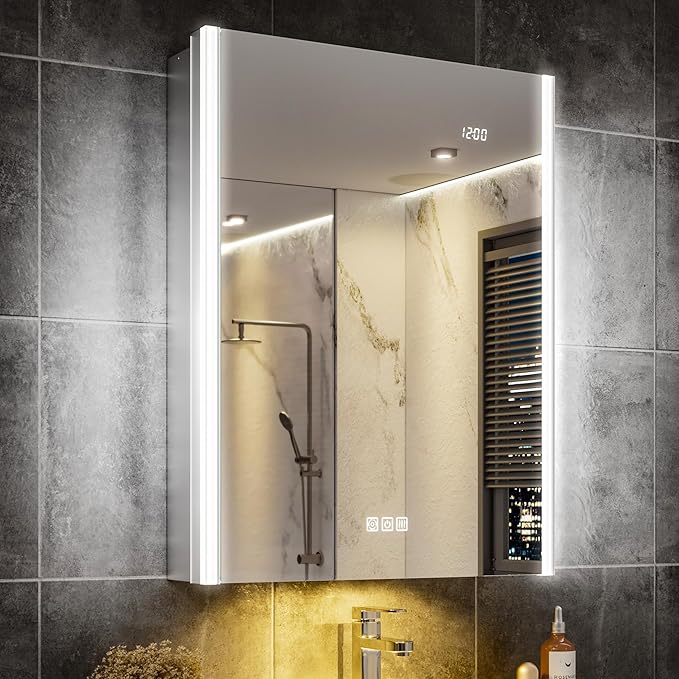 20x26 LED Bathroom Medicine Cabinet Mirror with Smart Night Lamp, Surface or Recessed Fogless Lighted Medicine Cabinet Mirror with Outlet &Clock,Built-in Sensor Light& Soft-Close Right-Hinge