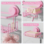 KEGII Suction Cup Shower Caddy – 3 Pack Suction Cup Shelf with Soap Holder & Hooks, Rustproof Stainless Steel Shower Organizer Rack, Removable No Drilling Bathroom Storage Rack, Pink