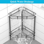 2 Tier Floor Standing Corner Shower Caddy Organizer Shelf with Hooks, Bathroom Shelves Stand Rack, Black