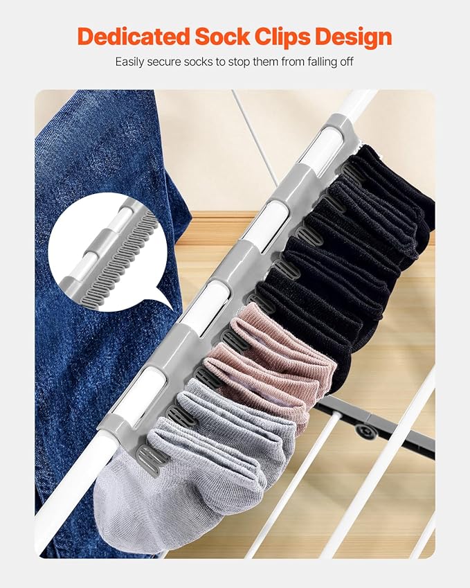 VEVOR Clothes Drying Rack, 2-Tier Foldable Laundry Dryer Rack with Sock Clips & 31 Dry Rods, Metal Height Adjustable Drying Racks for Outdoor & Indoor, Free-Standing & Space-Saving Hanger, White