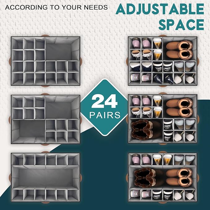 Shoe Organizer for Closet, Foldable Shoe Storage Bins with Clear Cover, Space Saving Shoes Holder with 4 Handles, Large Adjustable Shoe Box Storage Containers, Fits 12-24 Pairs, 2 Pack, Black