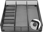 Amazon Basics Metal Mesh Desk Organizer with 6 Compartments, Anti-Slip Pen Holder Storage Tray for Office Supplies and Home, Black